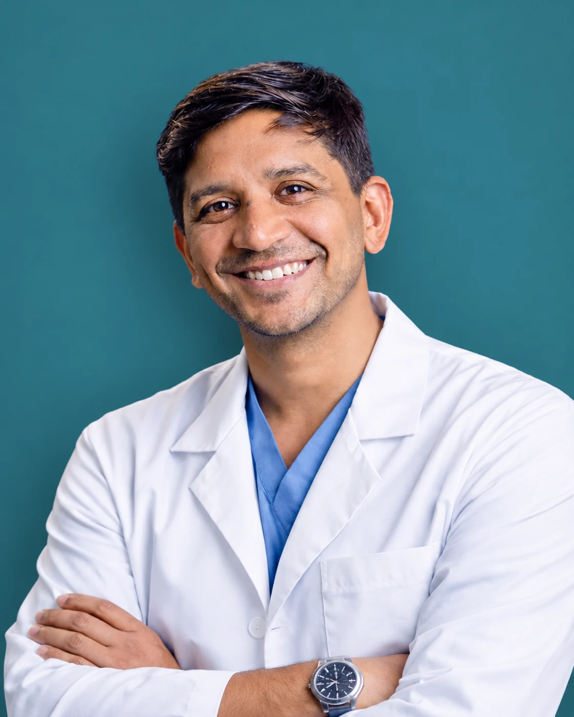 Dr. Chetan Bhawani in a white coat and blue scrubs.