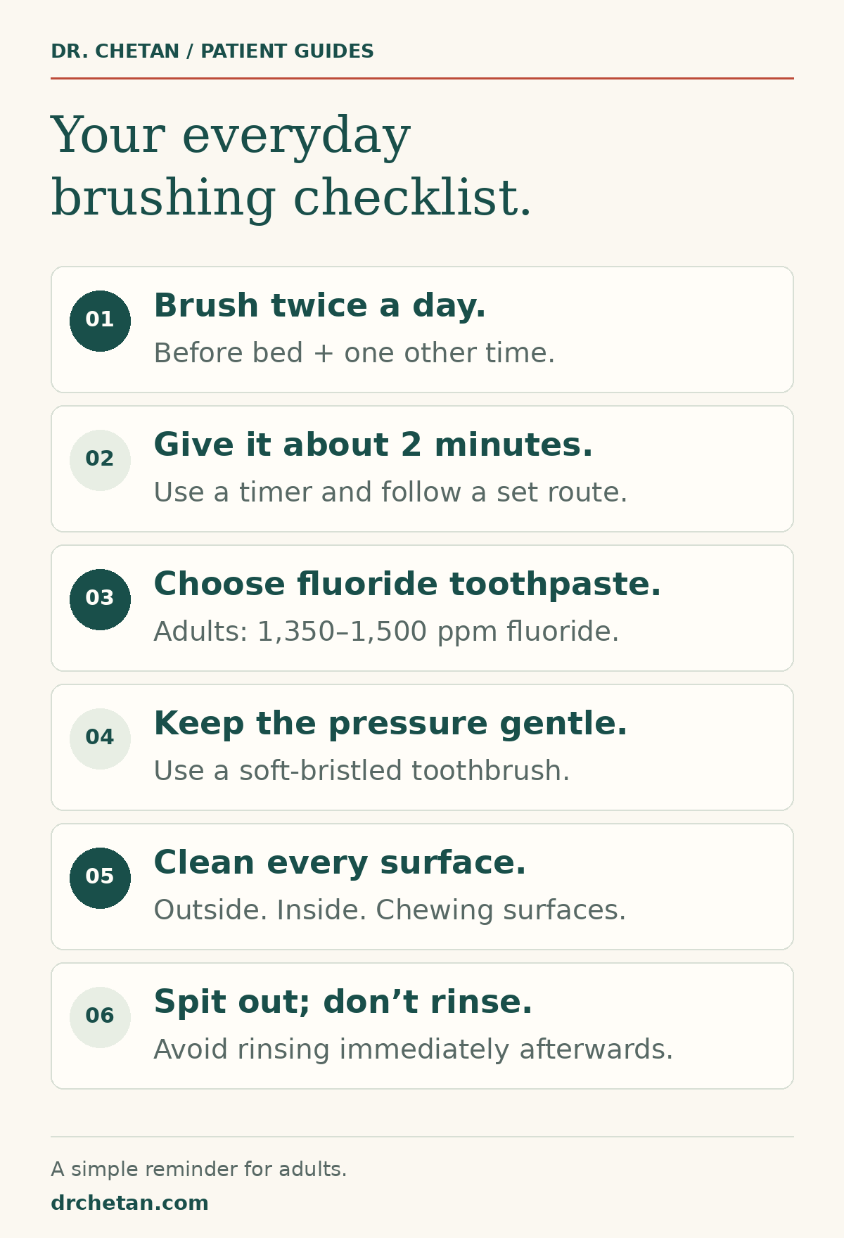 An adult brushing checklist covering fluoride toothpaste, gentle pressure, all tooth surfaces and spitting without rinsing.