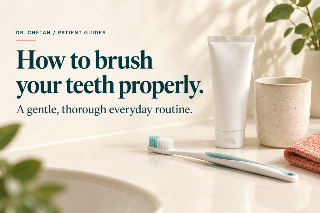 A toothbrush, toothpaste tube and bathroom cup beside the words How to brush your teeth properly.