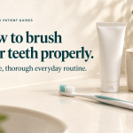 A toothbrush, toothpaste tube and bathroom cup beside the words How to brush your teeth properly.