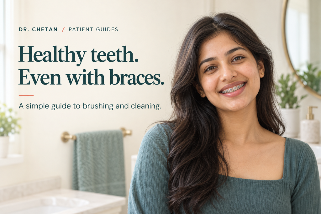 A smiling young adult wearing fixed braces beside the words Healthy teeth, even with braces.