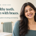A smiling young adult wearing fixed braces beside the words Healthy teeth, even with braces.