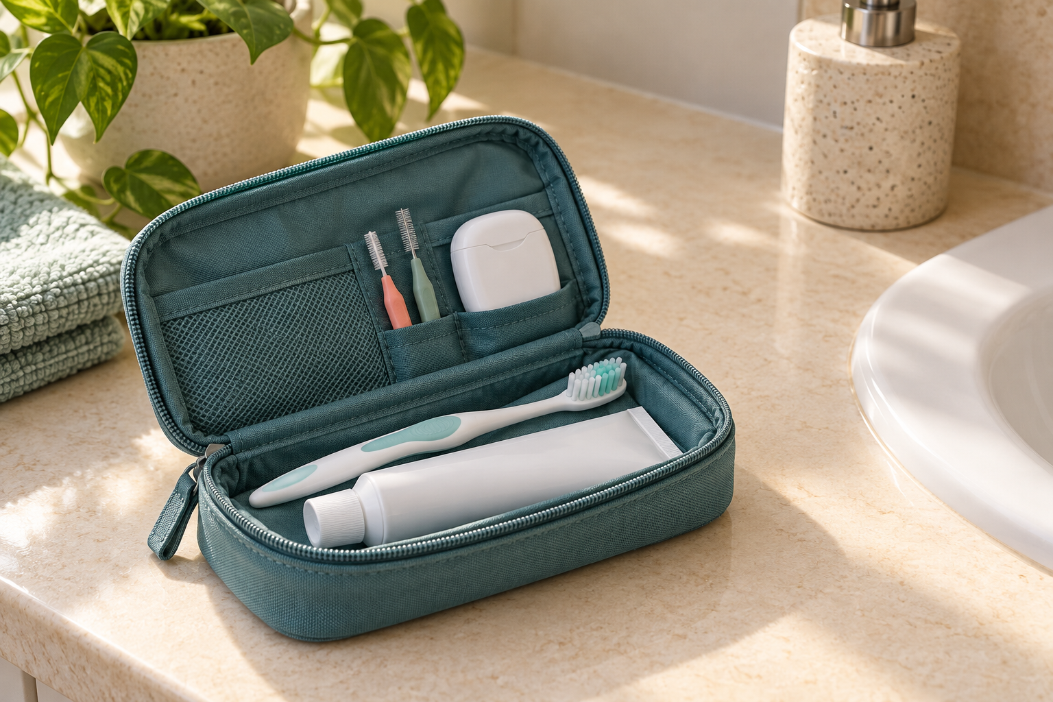 A travel pouch containing a toothbrush, toothpaste, interdental brushes and dental floss.
