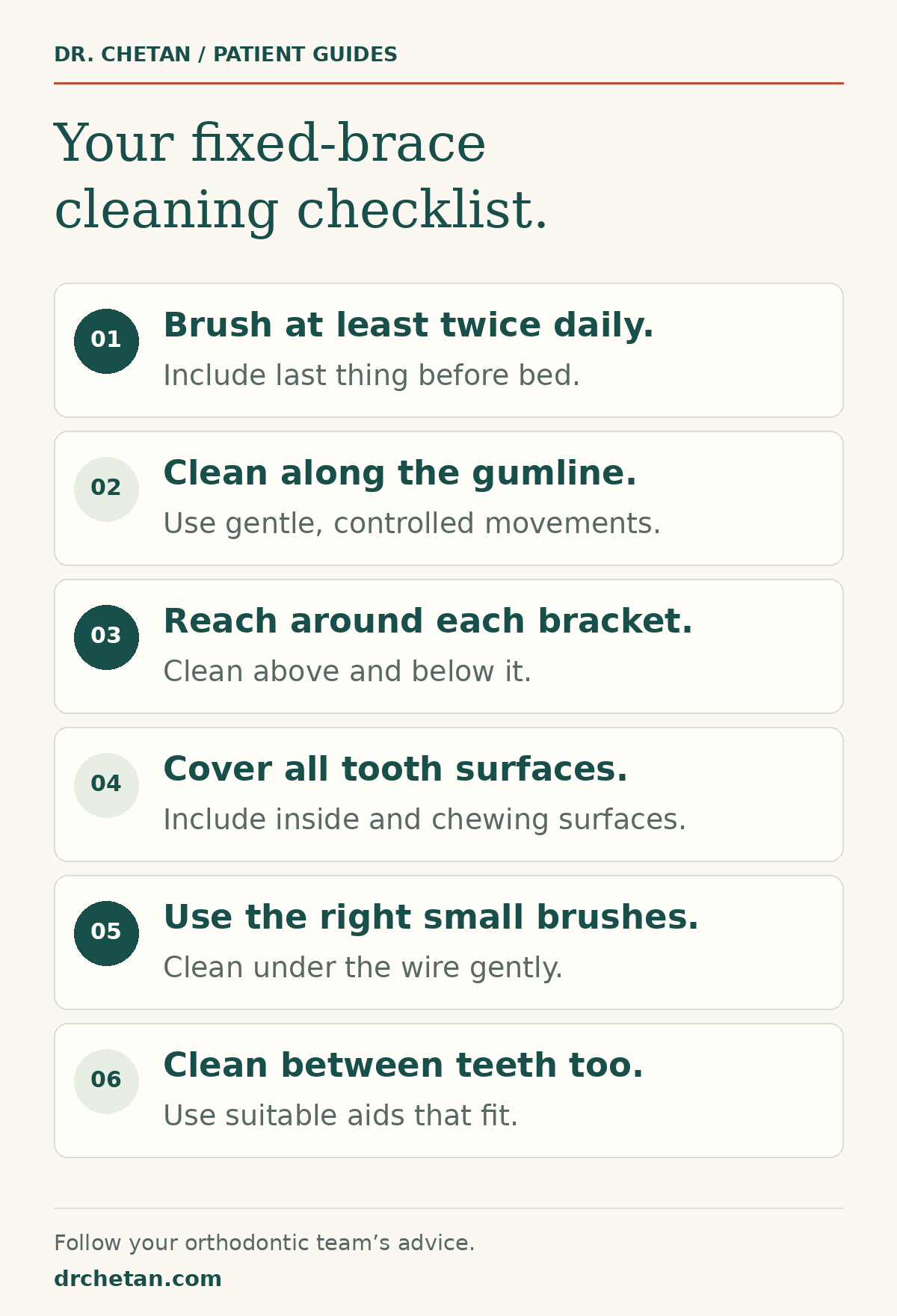 Six reminders for cleaning teeth and fixed braces, including the gumline, brackets and spaces beneath the wire.