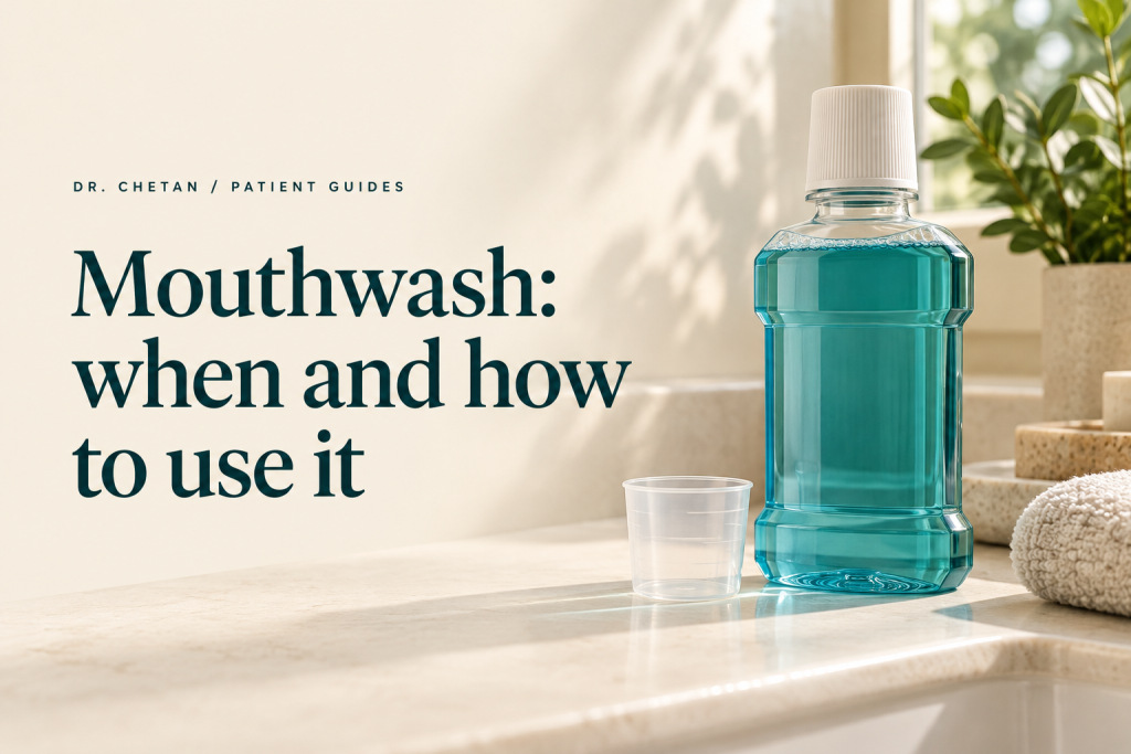 A mouthwash bottle and measuring cup beside the words Mouthwash: when and how to use it.